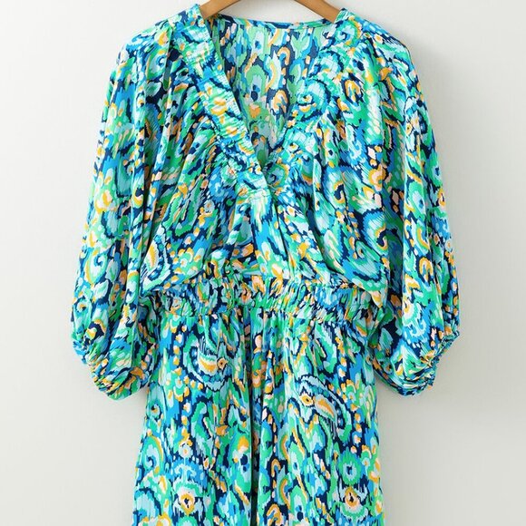 Green Abstract Print Puff Sleeve V Neck High Waist Romper - Picture 3 of 3